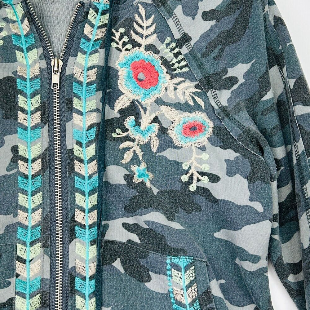 Women's Camouflage Hoodie Full Zip Embroidered Raw Edge Army Gray S Shabby Chic - Picture 8 of 16